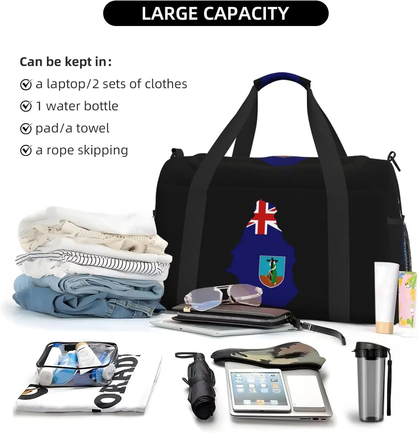 Flag Map Of Montserrat Travel Duffel Bag Large Foldable Waterproof Overnight Bag For Beach Swim Bags Pool Sports Gym