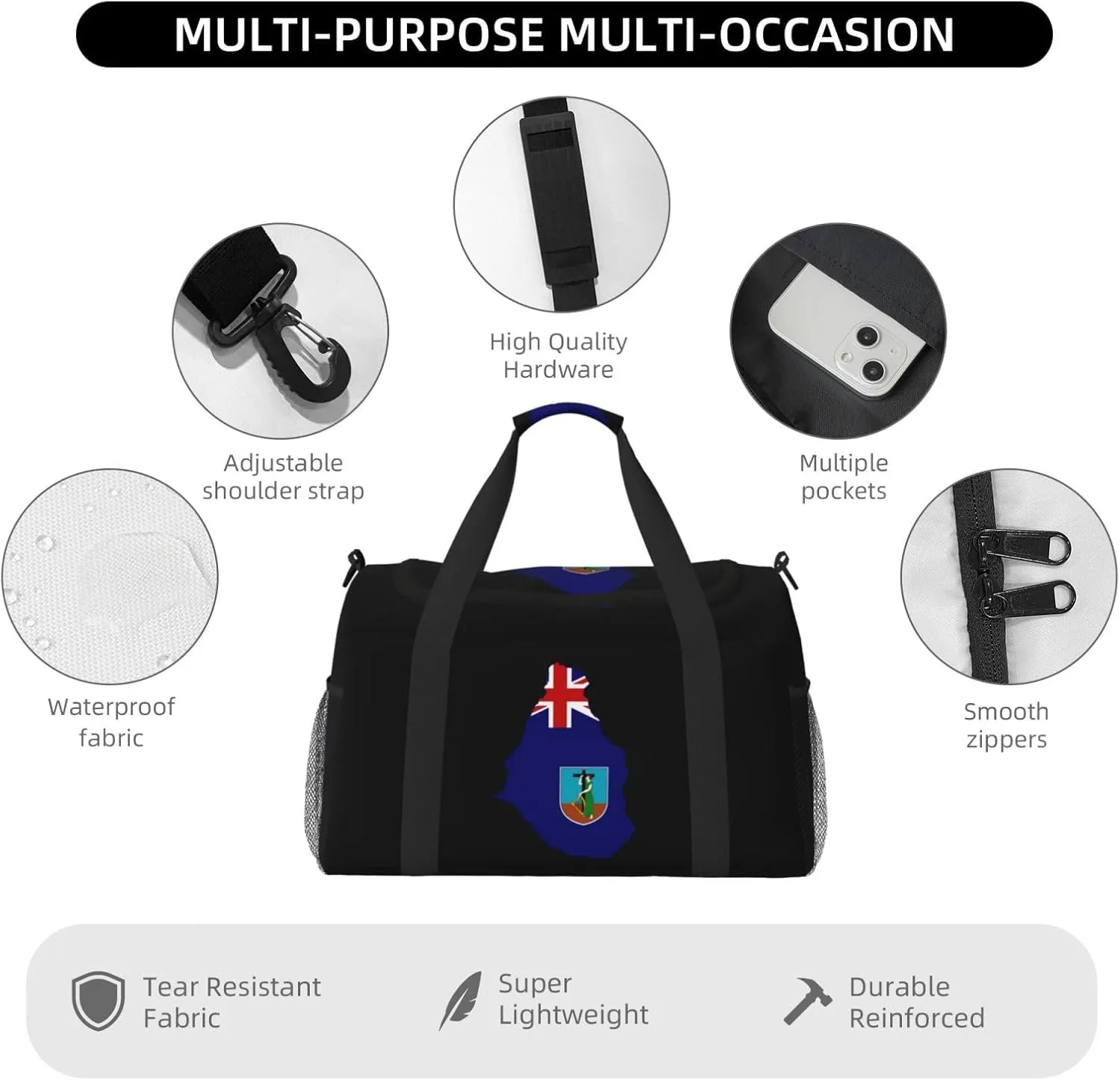 Flag Map Of Montserrat Travel Duffel Bag Large Foldable Waterproof Overnight Bag For Beach Swim Bags Pool Sports Gym