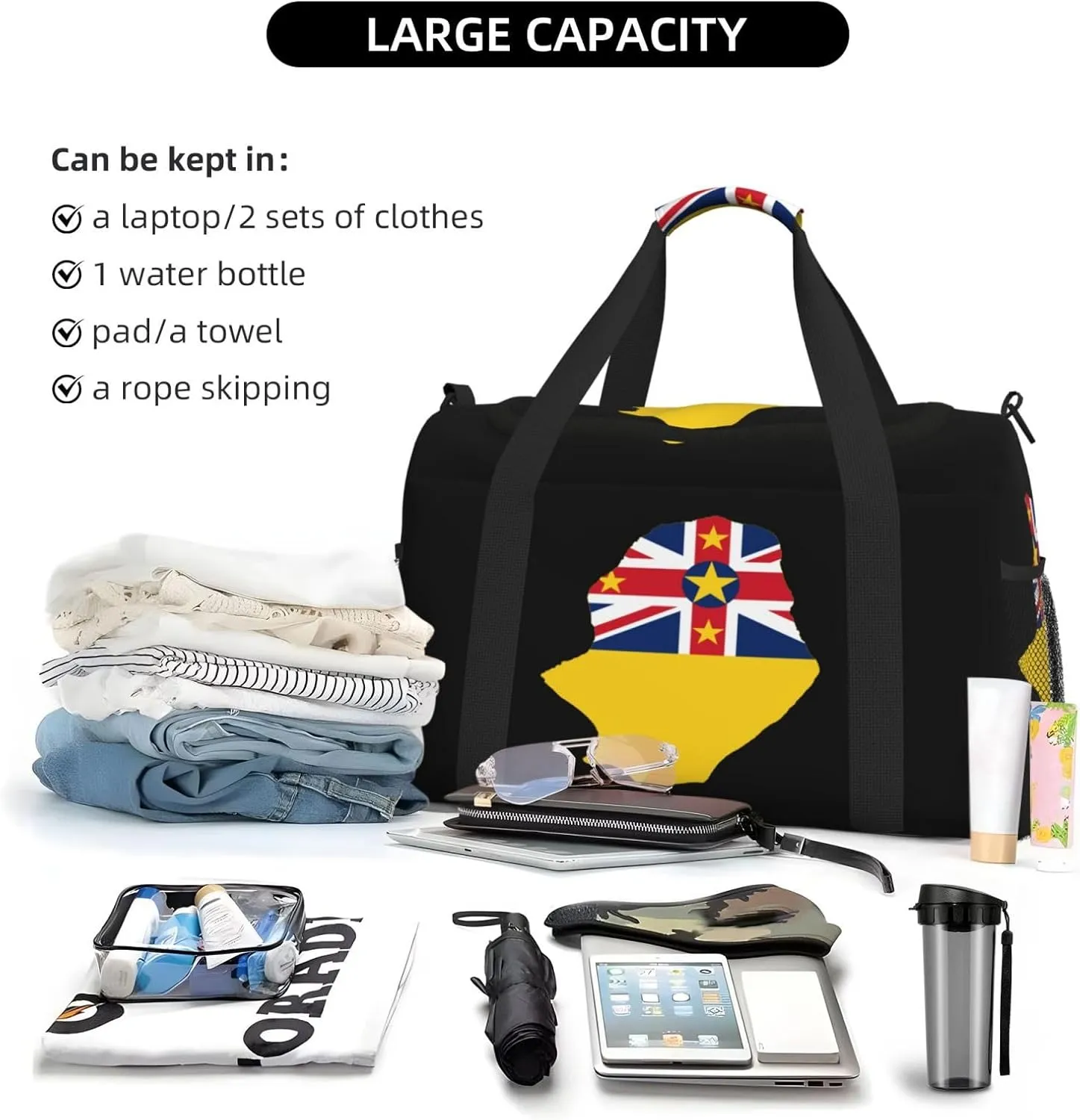 Flag Map Of Niue Travel Duffel Bag Large Foldable Waterproof Overnight Bag For Beach Swim Bags Pool Sports Gym