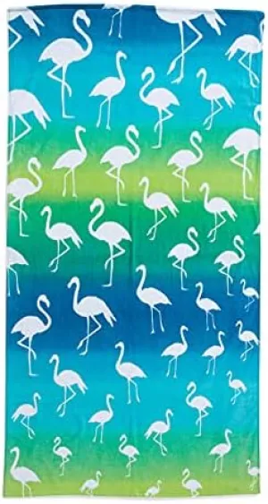 Flamingo Beach Towel by Cynthia Rowley | Featuring White Flamingos on Shades of Blue And Green | 36 x 70 inch, White, Blue, Green, Aqua, Lime Green