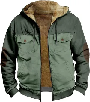 Fleece Jacket Men Workout Vintage Fuzzy Sherpa Lined Jacket Casual Zipper Winter Warm Jacket Coats with Cargo Pockets