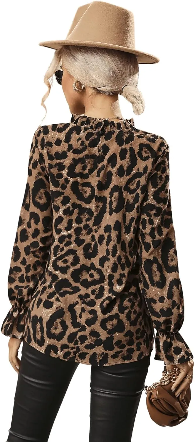 Floerns Women's Leopard Print Elegant Long Sleeve Frill Trim Mock Neck Blouse Tops