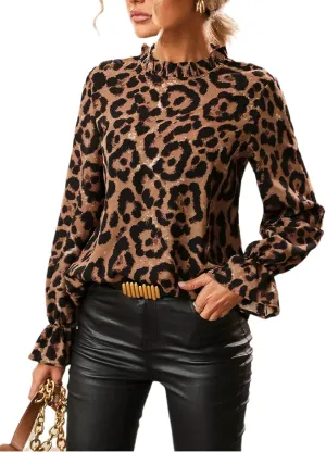 Floerns Women's Leopard Print Elegant Long Sleeve Frill Trim Mock Neck Blouse Tops