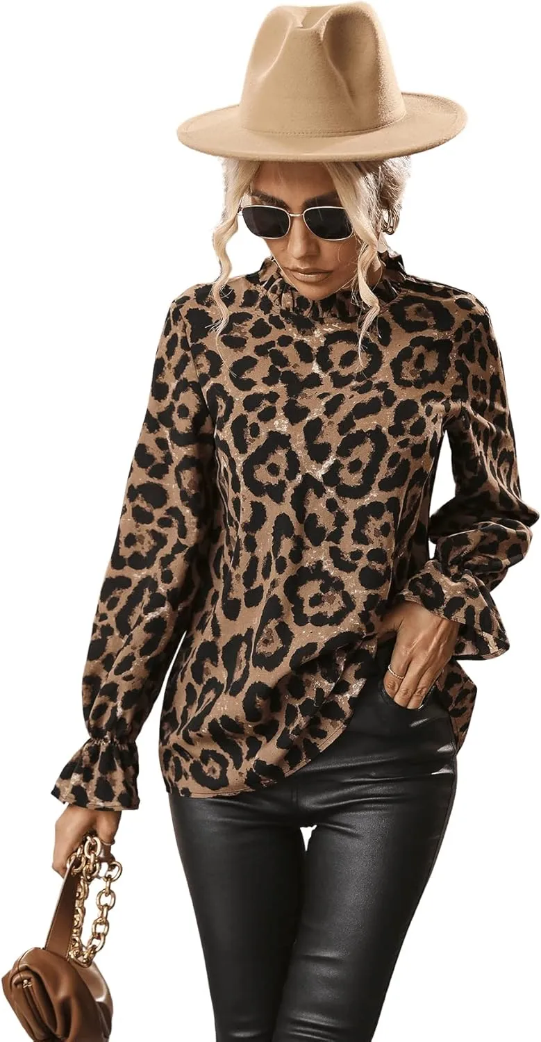 Floerns Women's Leopard Print Elegant Long Sleeve Frill Trim Mock Neck Blouse Tops