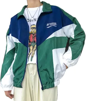Floette Retro Colorblocked Track Jacket Windbreaker Jacket Athletic Hip Hop Outdoor Windproof Coat