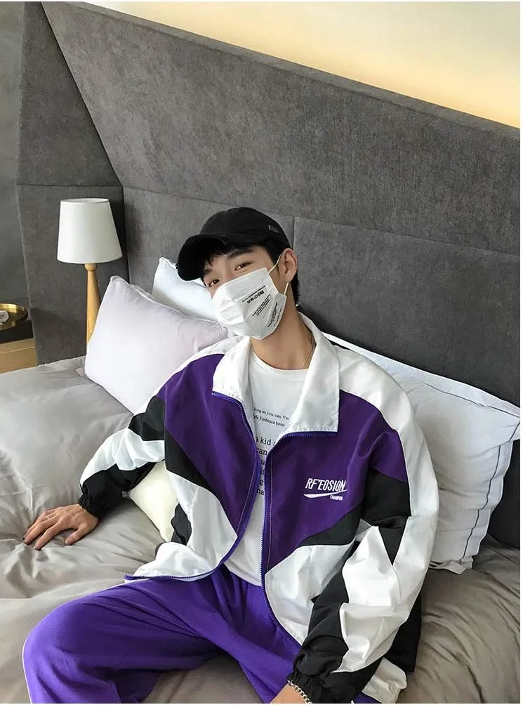 Floette Retro Colorblocked Track Jacket Windbreaker Jacket Athletic Hip Hop Outdoor Windproof Coat