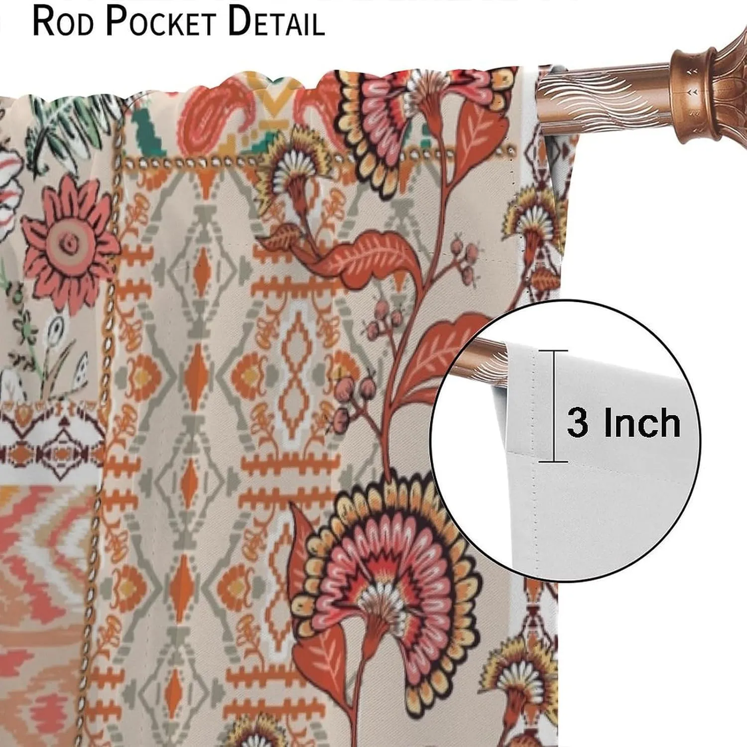 Flower Blackout Curtains Retro Rustic Orange Wildflowers Bohemian Paisley Patchwork Art Print for Girls Women Bedroom Living Room Kitchen Rod Pocket Decoration Window Drapes 2 Panels W21xL45in