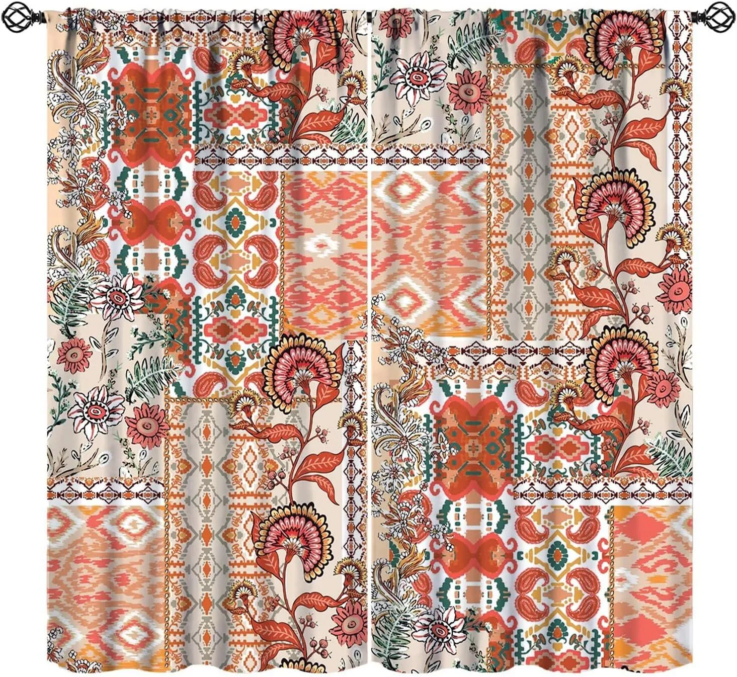 Flower Blackout Curtains Retro Rustic Orange Wildflowers Bohemian Paisley Patchwork Art Print for Girls Women Bedroom Living Room Kitchen Rod Pocket Decoration Window Drapes 2 Panels W21xL45in
