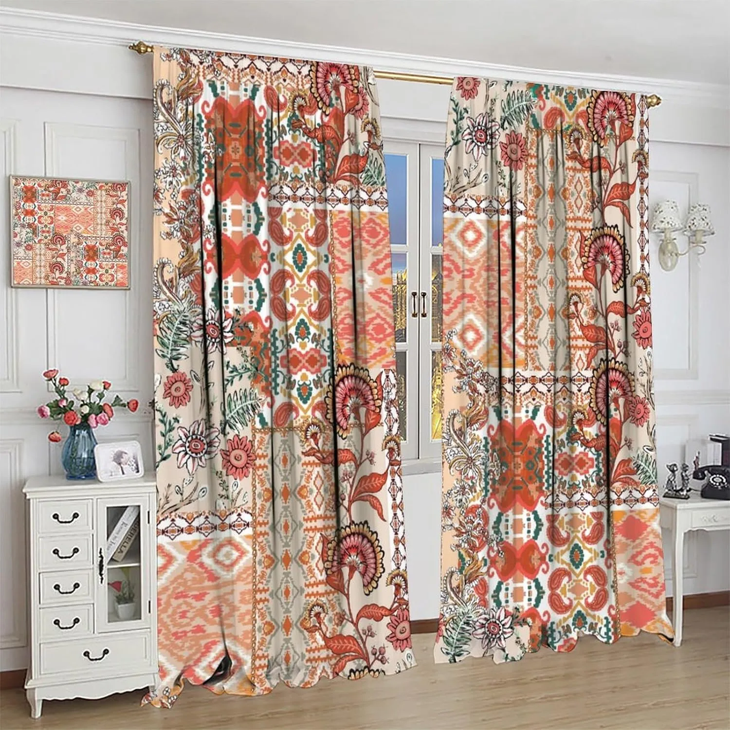 Flower Blackout Curtains Retro Rustic Orange Wildflowers Bohemian Paisley Patchwork Art Print for Girls Women Bedroom Living Room Kitchen Rod Pocket Decoration Window Drapes 2 Panels W21xL45in