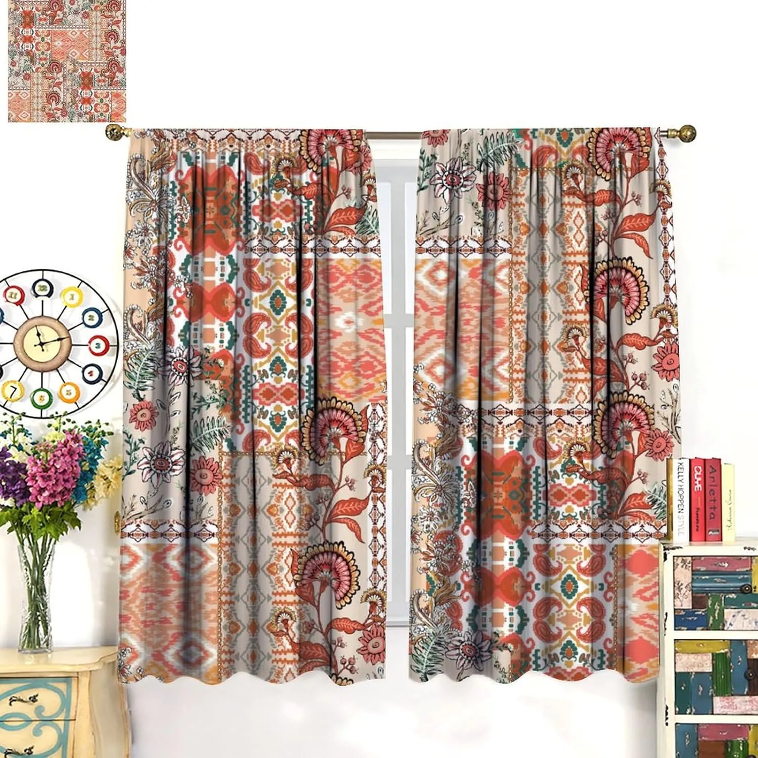 Flower Blackout Curtains Retro Rustic Orange Wildflowers Bohemian Paisley Patchwork Art Print for Girls Women Bedroom Living Room Kitchen Rod Pocket Decoration Window Drapes 2 Panels W21xL45in