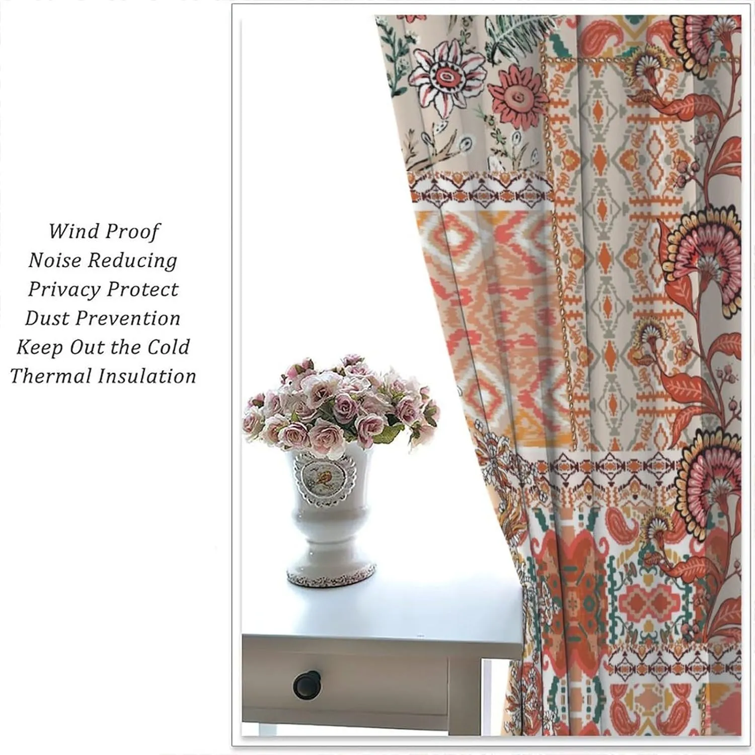 Flower Blackout Curtains Retro Rustic Orange Wildflowers Bohemian Paisley Patchwork Art Print for Girls Women Bedroom Living Room Kitchen Rod Pocket Decoration Window Drapes 2 Panels W21xL45in