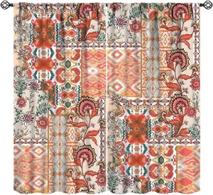 Flower Blackout Curtains Retro Rustic Orange Wildflowers Bohemian Paisley Patchwork Art Print for Girls Women Bedroom Living Room Kitchen Rod Pocket Decoration Window Drapes 2 Panels W21xL45in
