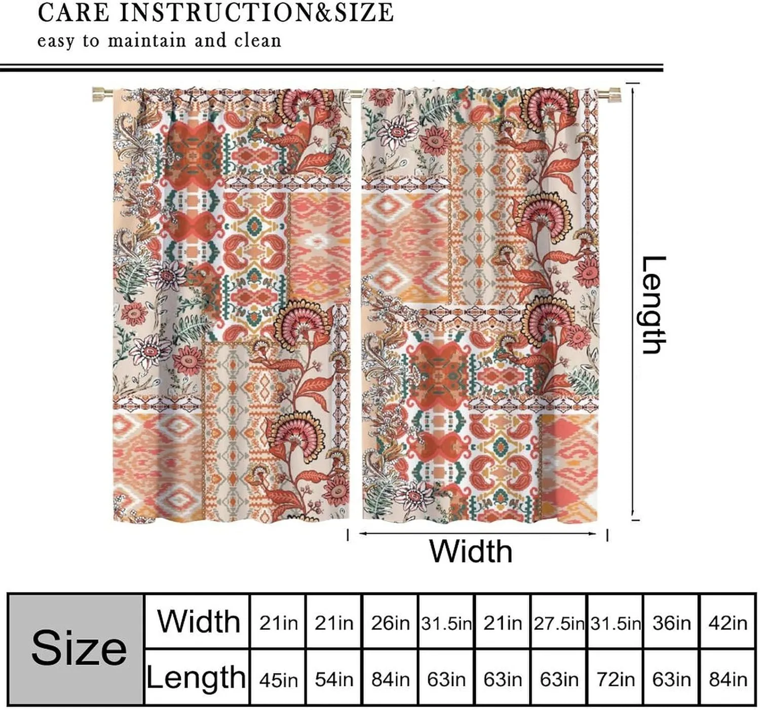 Flower Blackout Curtains Retro Rustic Orange Wildflowers Bohemian Paisley Patchwork Art Print for Girls Women Bedroom Living Room Kitchen Rod Pocket Decoration Window Drapes 2 Panels W21xL45in