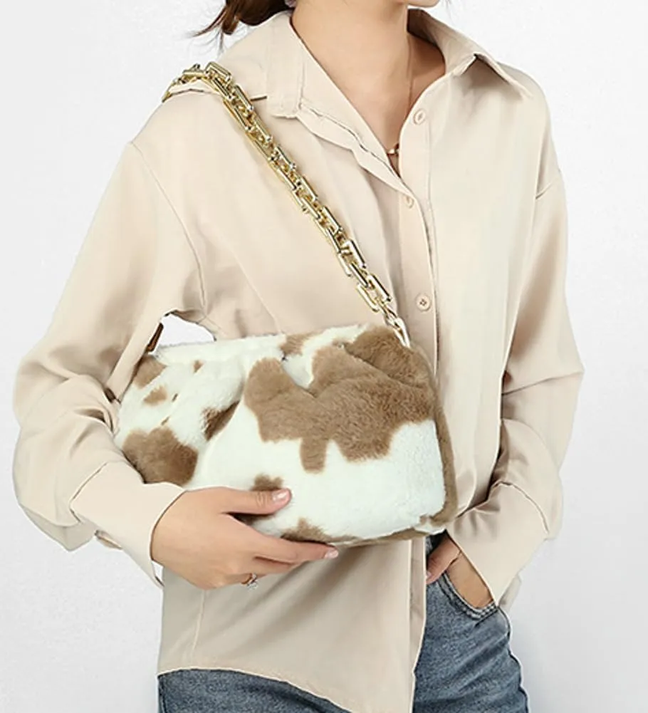 Fluffy Shoulder Handbags for Women Cute Cow Pattern Faux Fur Furry Hobo Bag Purse Plush Clutch Bag Winter Autumn