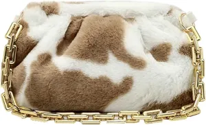 Fluffy Shoulder Handbags for Women Cute Cow Pattern Faux Fur Furry Hobo Bag Purse Plush Clutch Bag Winter Autumn