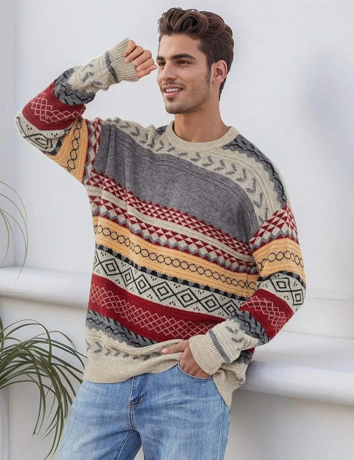 Flygo Men's Vintage Grandpa Sweater Crewneck Oversized Striped Aztec Cable Knit Pullover Unisex Jumper Tops