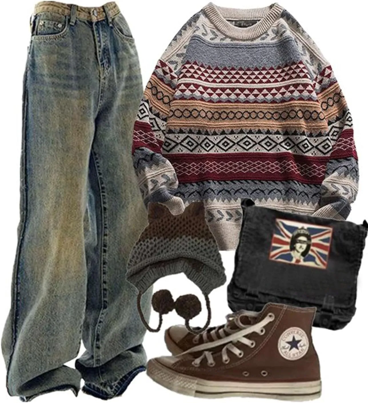 Flygo Men's Vintage Grandpa Sweater Crewneck Oversized Striped Aztec Cable Knit Pullover Unisex Jumper Tops