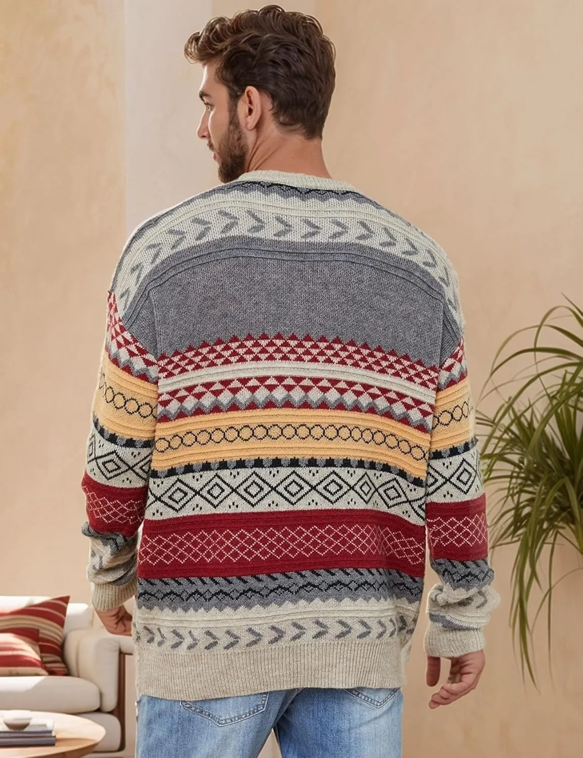 Flygo Men's Vintage Grandpa Sweater Crewneck Oversized Striped Aztec Cable Knit Pullover Unisex Jumper Tops