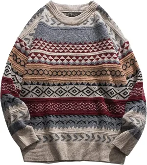 Flygo Men's Vintage Grandpa Sweater Crewneck Oversized Striped Aztec Cable Knit Pullover Unisex Jumper Tops