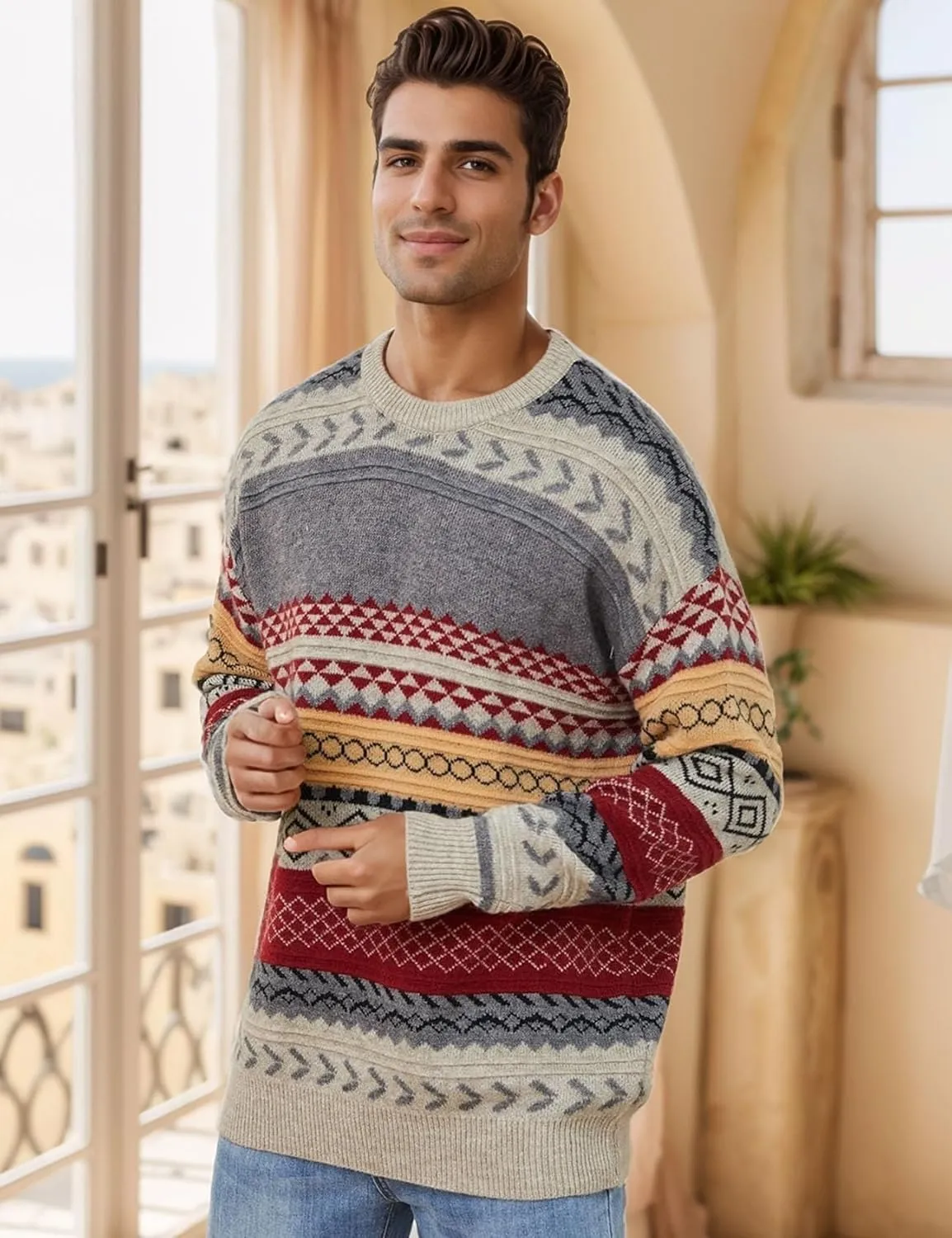 Flygo Men's Vintage Grandpa Sweater Crewneck Oversized Striped Aztec Cable Knit Pullover Unisex Jumper Tops