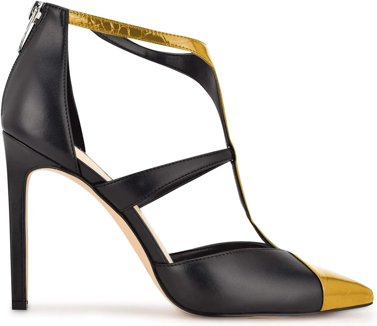 FOWT Fashion T-strap Zip up Cutout Two Tone Heeled Sandals Sexy Crocodile Leather Patchwork Ankle Strap High Stiletto Heels Novelty 4 IN Dress Street Show Black Pumps for Women, US Size 4-16 M
