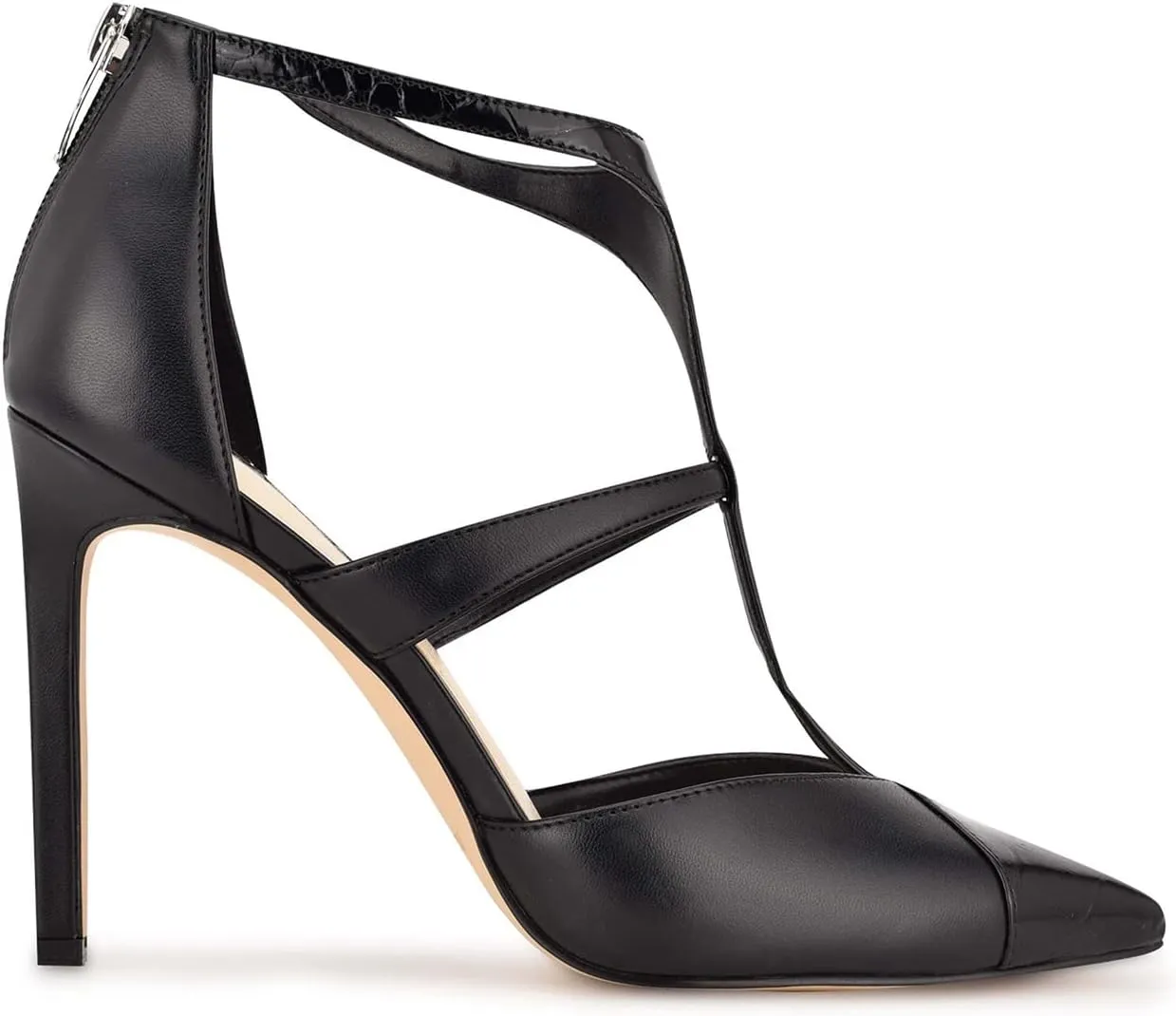 FOWT Fashion T-strap Zip up Cutout Two Tone Heeled Sandals Sexy Crocodile Leather Patchwork Ankle Strap High Stiletto Heels Novelty 4 IN Dress Street Show Black Pumps for Women, US Size 4-16 M