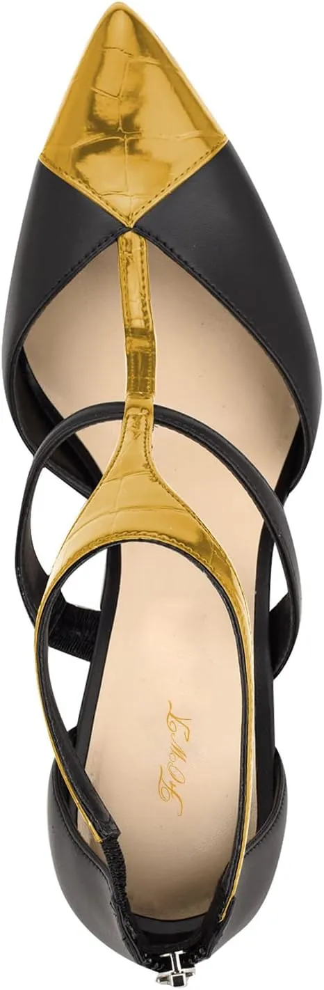 FOWT Fashion T-strap Zip up Cutout Two Tone Heeled Sandals Sexy Crocodile Leather Patchwork Ankle Strap High Stiletto Heels Novelty 4 IN Dress Street Show Black Pumps for Women, US Size 4-16 M