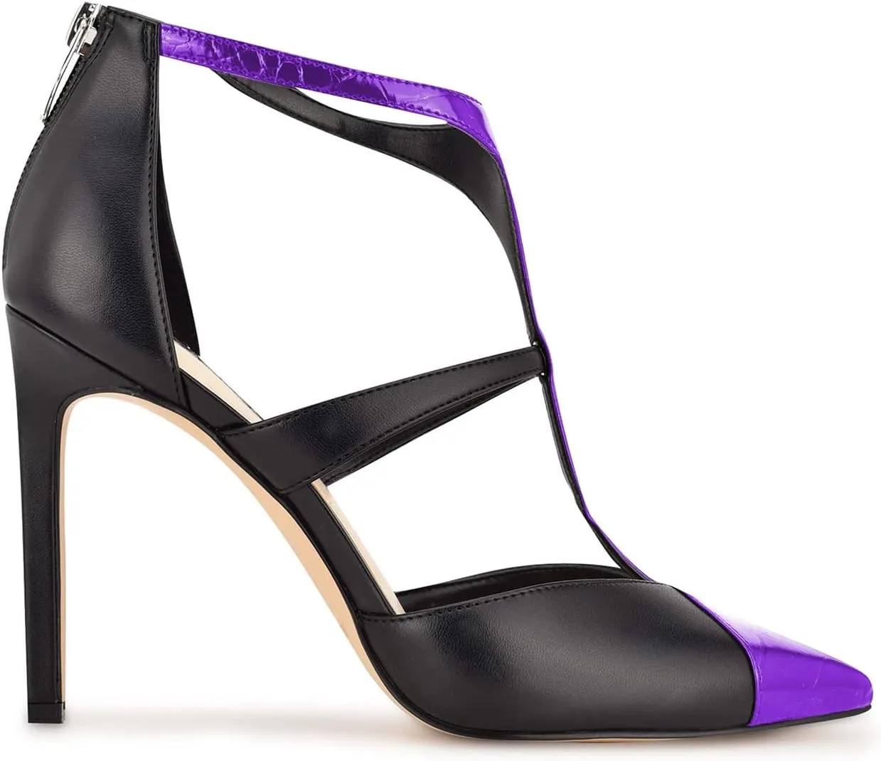 FOWT Fashion T-strap Zip up Cutout Two Tone Heeled Sandals Sexy Crocodile Leather Patchwork Ankle Strap High Stiletto Heels Novelty 4 IN Dress Street Show Black Pumps for Women, US Size 4-16 M