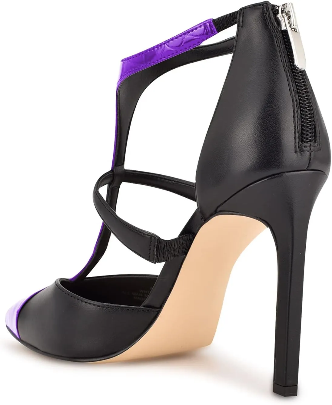 FOWT Fashion T-strap Zip up Cutout Two Tone Heeled Sandals Sexy Crocodile Leather Patchwork Ankle Strap High Stiletto Heels Novelty 4 IN Dress Street Show Black Pumps for Women, US Size 4-16 M