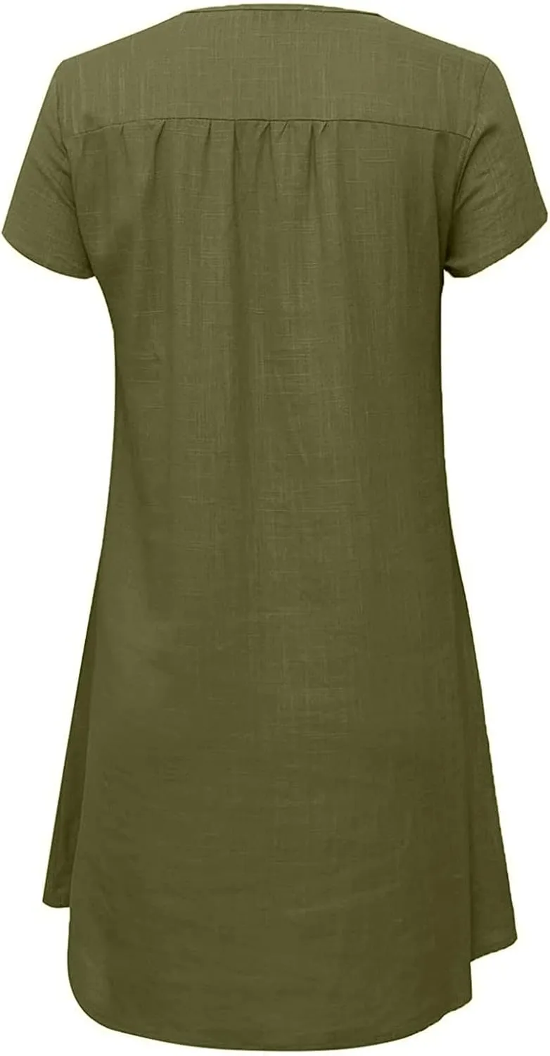 FZYLQY Womens Slim Dresses 2024 Ladies Summer Solid Cotton Linen Dress Short Sleeve V-Neck Dress Plus Size Mid-Calf Dress