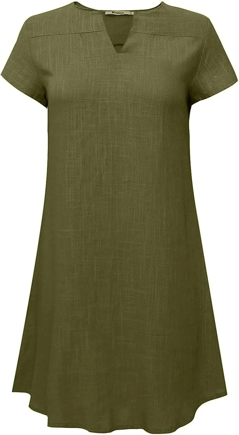 FZYLQY Womens Slim Dresses 2024 Ladies Summer Solid Cotton Linen Dress Short Sleeve V-Neck Dress Plus Size Mid-Calf Dress