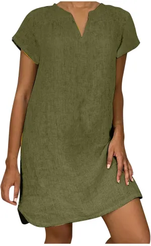 FZYLQY Womens Slim Dresses 2024 Ladies Summer Solid Cotton Linen Dress Short Sleeve V-Neck Dress Plus Size Mid-Calf Dress