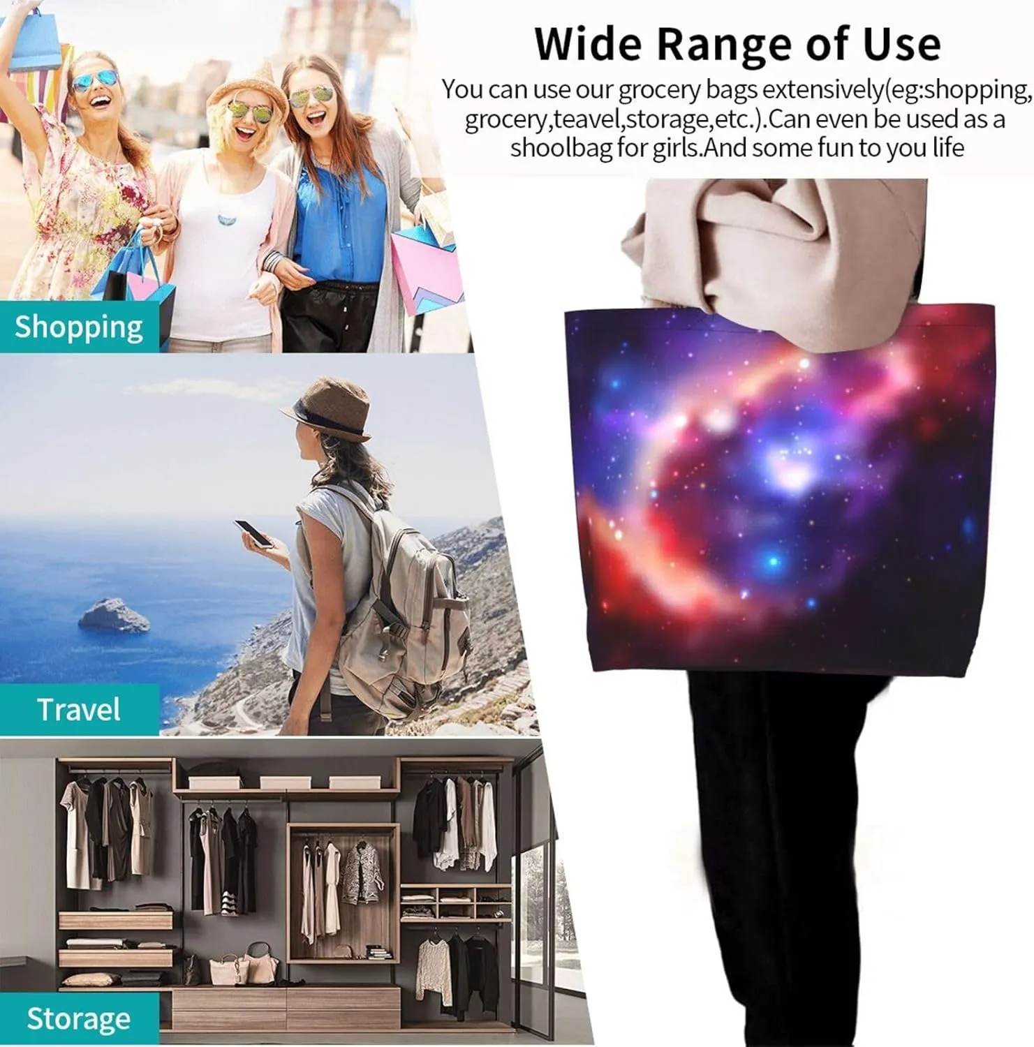 Galaxy Canvas Tote Bag Universe Shoulder Bag Handbag Star Casual Funny Grocery Bags Womens Bag for Outdoor