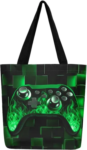 Gamer Canvas Tote Bag Neon Cubes Foldable Beach Bag,Geometry Block Gaming Casual Reusable Handbag