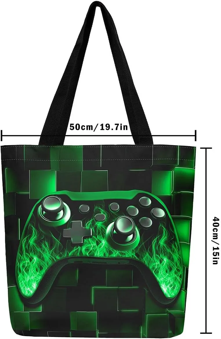 Gamer Canvas Tote Bag Neon Cubes Foldable Beach Bag,Geometry Block Gaming Casual Reusable Handbag