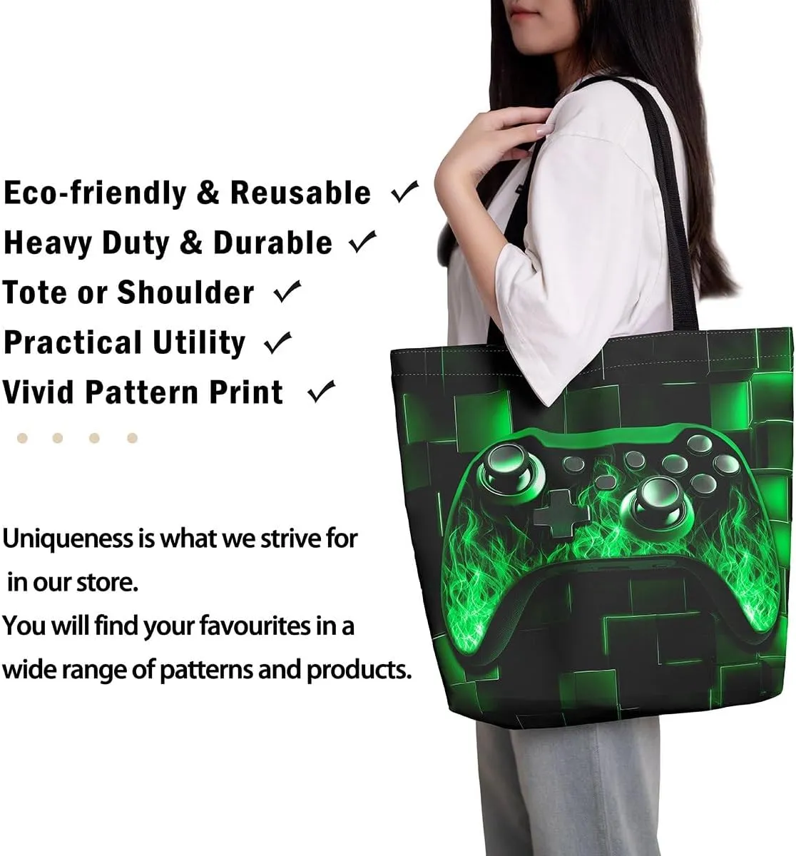 Gamer Canvas Tote Bag Neon Cubes Foldable Beach Bag,Geometry Block Gaming Casual Reusable Handbag