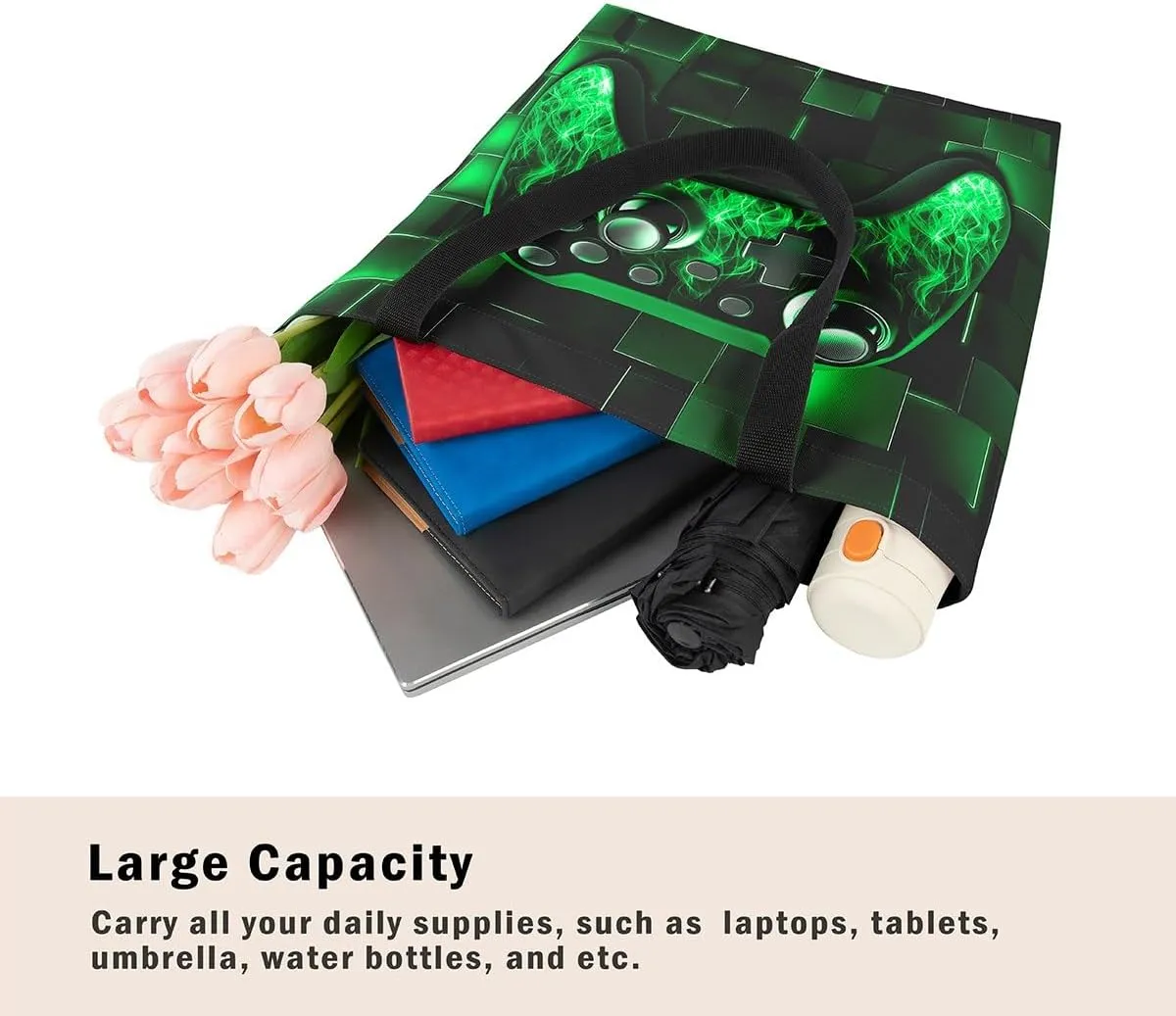 Gamer Canvas Tote Bag Neon Cubes Foldable Beach Bag,Geometry Block Gaming Casual Reusable Handbag