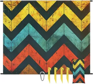 Geometric Beach Blanket, Sandproof Beach Mat, Adults Waterproof Quick Drying Sand Free Mat with 4 x Ground Spikes for Outdoor Travel Camping Hiking, Chevron Print