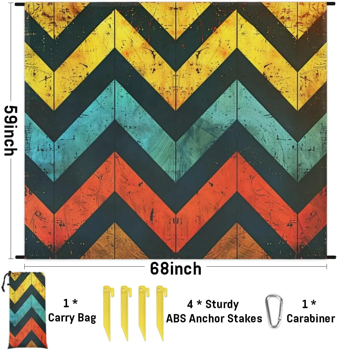 Geometric Beach Blanket, Sandproof Beach Mat, Adults Waterproof Quick Drying Sand Free Mat with 4 x Ground Spikes for Outdoor Travel Camping Hiking, Chevron Print