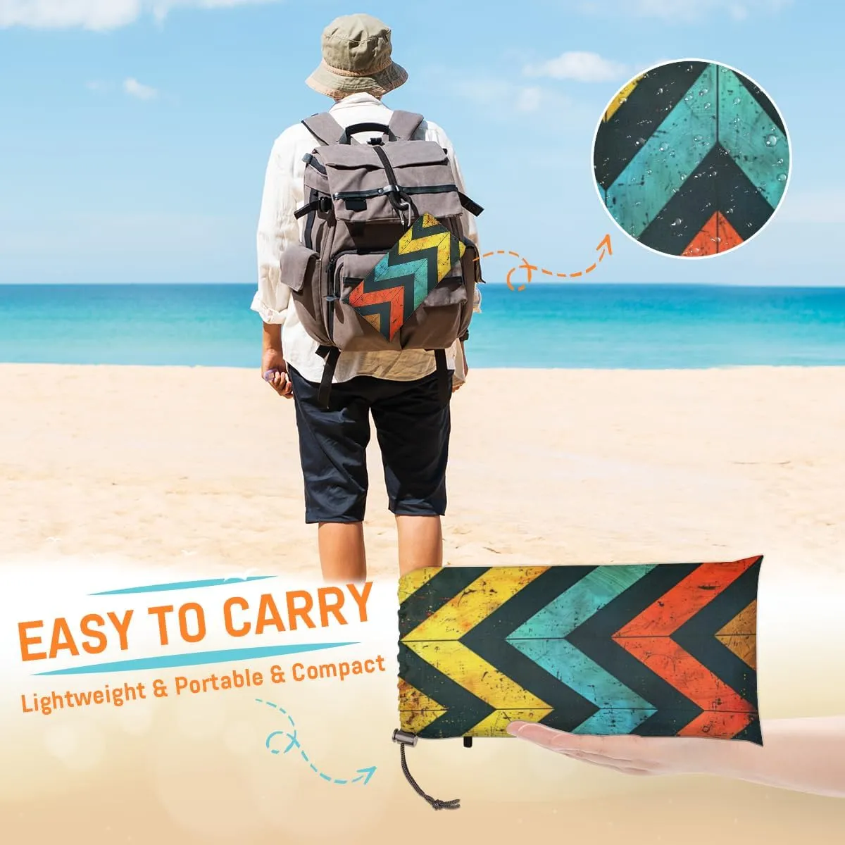 Geometric Beach Blanket, Sandproof Beach Mat, Adults Waterproof Quick Drying Sand Free Mat with 4 x Ground Spikes for Outdoor Travel Camping Hiking, Chevron Print