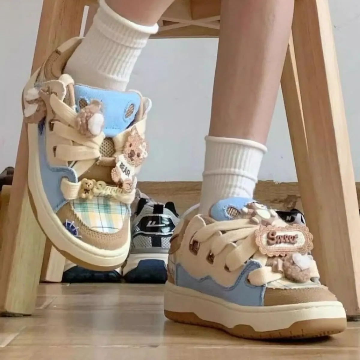 Girls Cute Shoes Bear Patchwork Retro Cowboy Sports Shoes Women's Summer Breathable Waterproof Sneakers for Travel Outdoor Sports