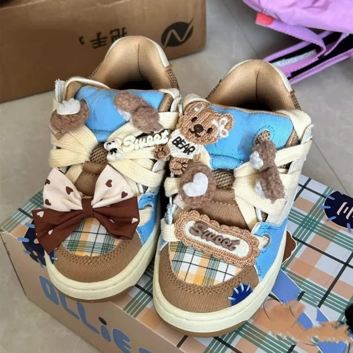 Girls Cute Shoes Bear Patchwork Retro Cowboy Sports Shoes Women's Summer Breathable Waterproof Sneakers for Travel Outdoor Sports