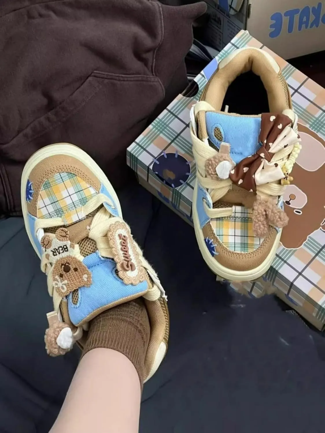 Girls Cute Shoes Bear Patchwork Retro Cowboy Sports Shoes Women's Summer Breathable Waterproof Sneakers for Travel Outdoor Sports