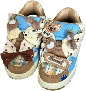 Girls Cute Shoes Bear Patchwork Retro Cowboy Sports Shoes Women's Summer Breathable Waterproof Sneakers for Travel Outdoor Sports