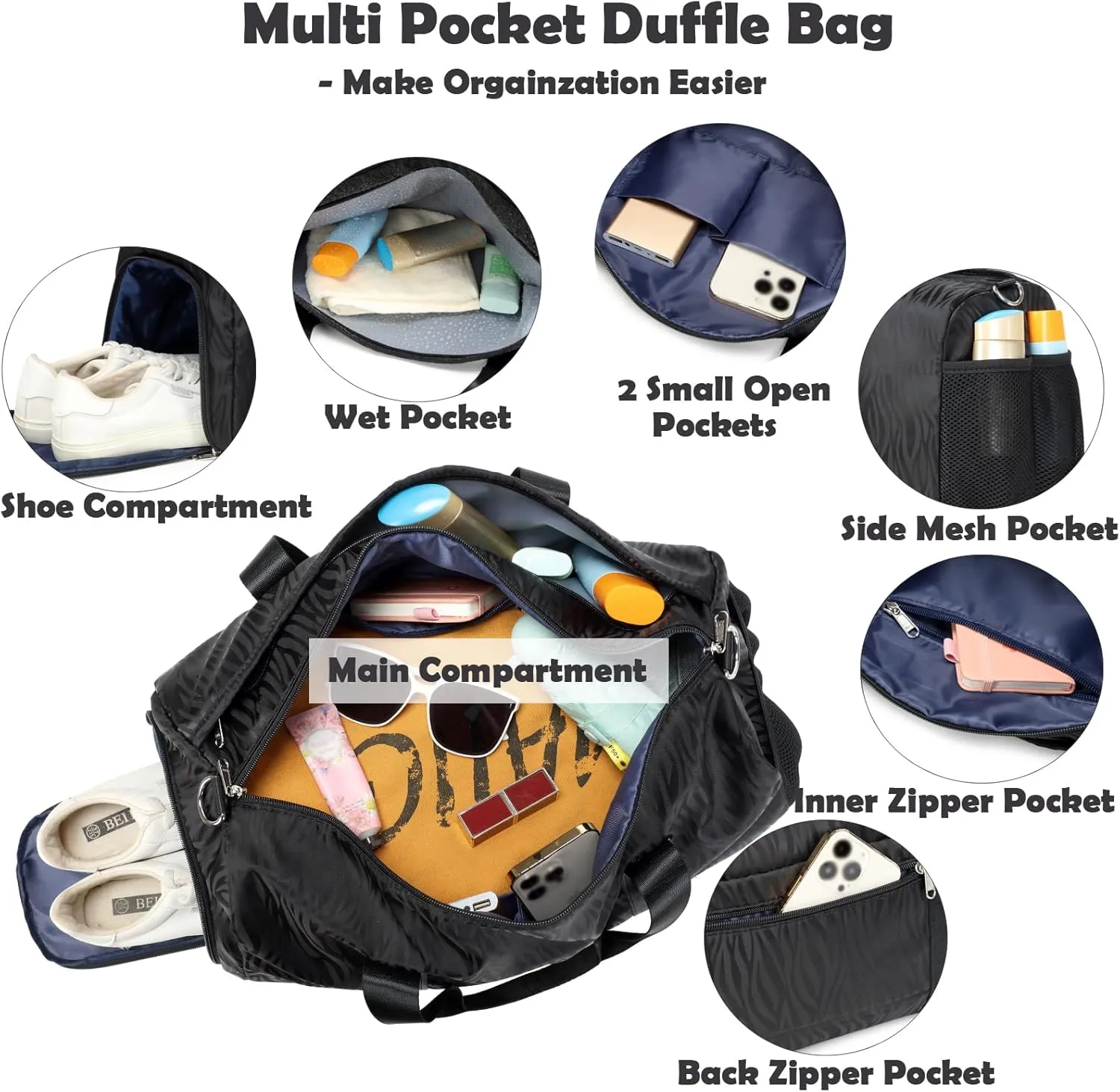 Girls Duffle Bags with Wet & Shoe Compartment, Black Dance Gym Ballet Bag with Trolley Sleeve for Luggage Carry on Beach Yoga Overnight Weekender Mommy Bags