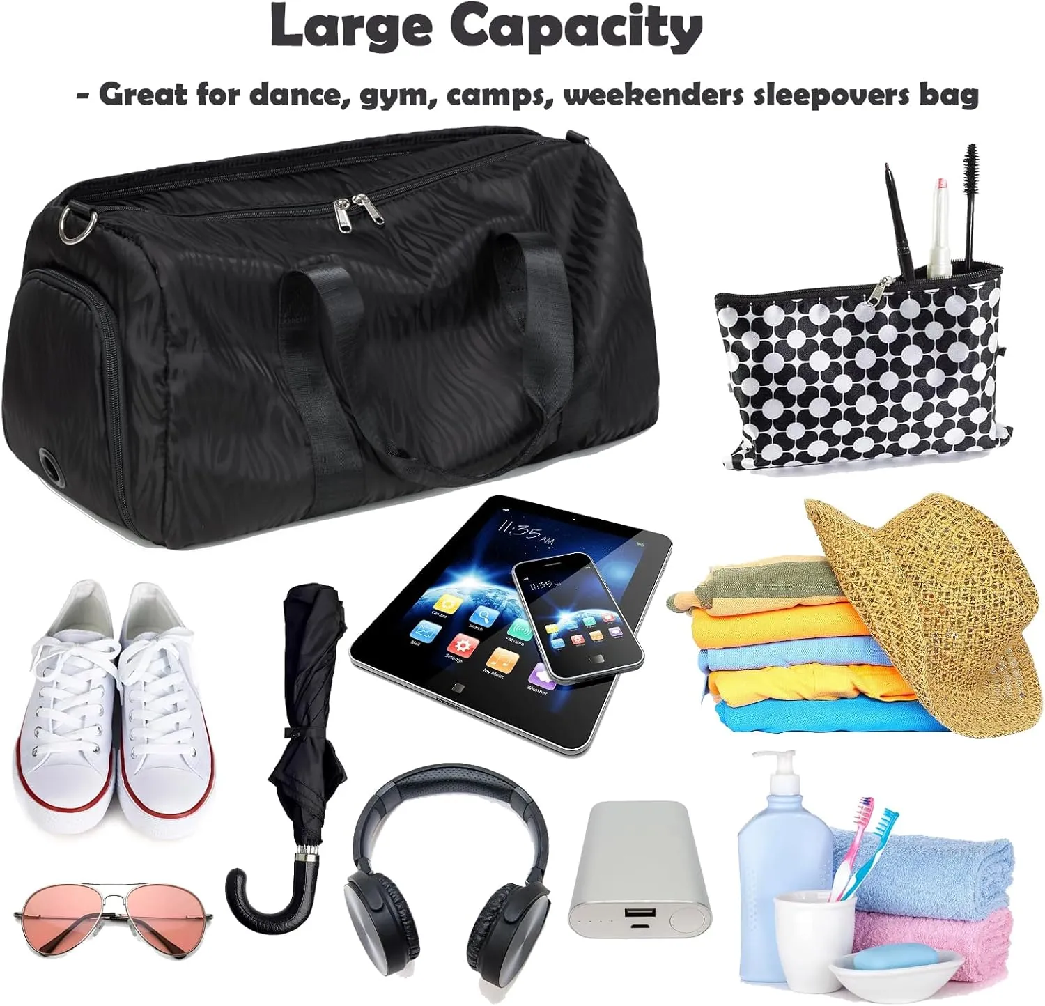 Girls Duffle Bags with Wet & Shoe Compartment, Black Dance Gym Ballet Bag with Trolley Sleeve for Luggage Carry on Beach Yoga Overnight Weekender Mommy Bags