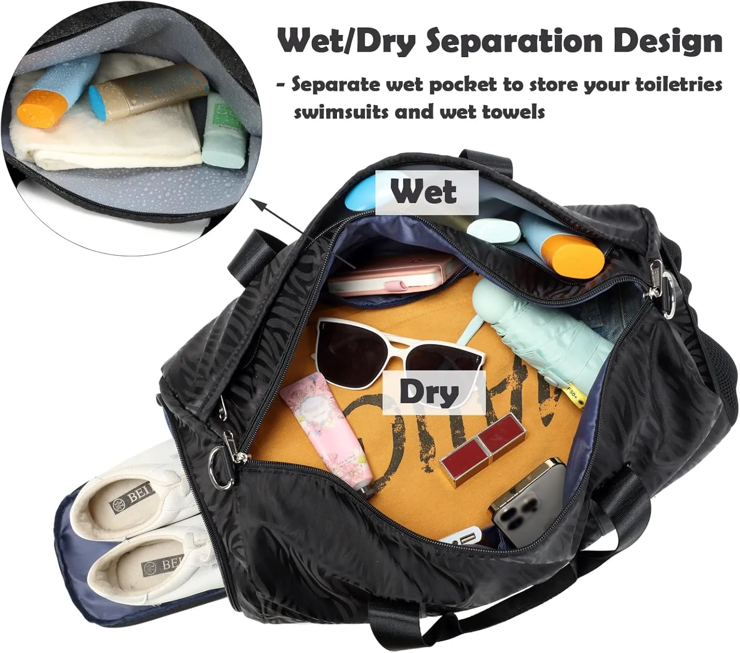 Girls Duffle Bags with Wet & Shoe Compartment, Black Dance Gym Ballet Bag with Trolley Sleeve for Luggage Carry on Beach Yoga Overnight Weekender Mommy Bags