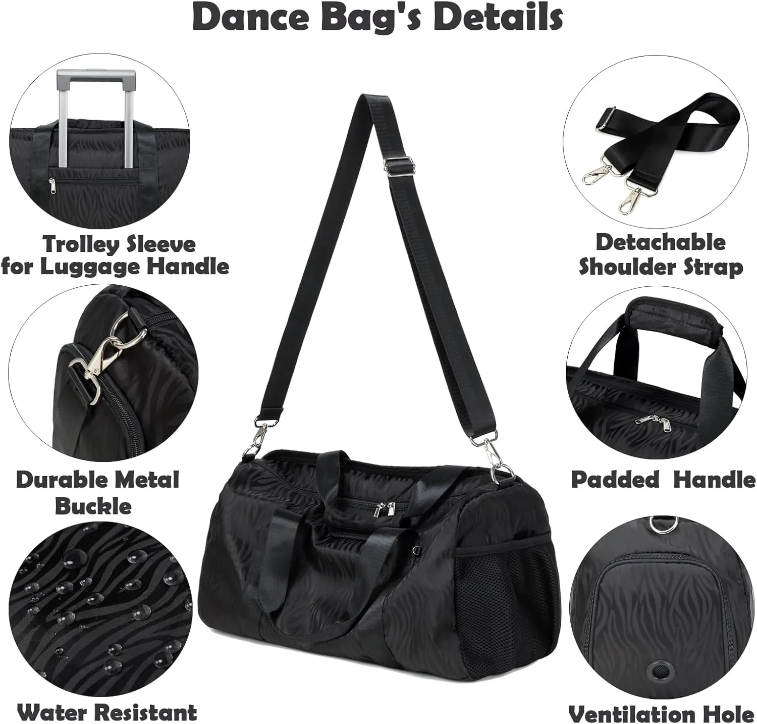 Girls Duffle Bags with Wet & Shoe Compartment, Black Dance Gym Ballet Bag with Trolley Sleeve for Luggage Carry on Beach Yoga Overnight Weekender Mommy Bags