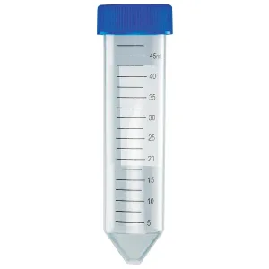 Globe Scientific 6288 Polypropylene Centrifuge Tube with Attached Blue Flat Top Screw Cap, Sterile, Printed Graduation, Bag Pack, 50mL Capacity (Case of 500)