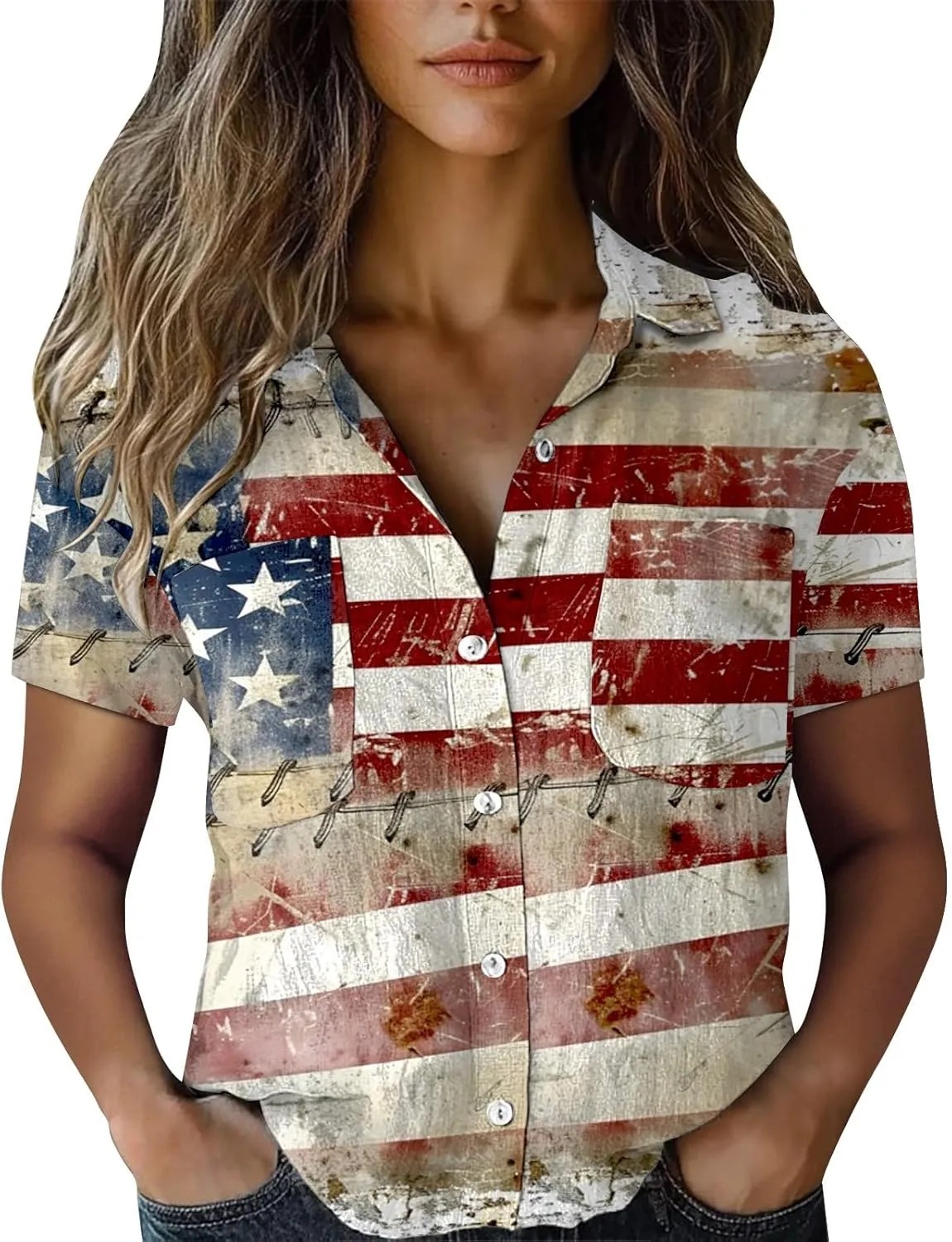 GOKKILRW 4th of July Womens Shirts USA Patriotic Outfits Button Down Short Sleeve Funny Hawaiian T-Shirts Beach Travel Tops